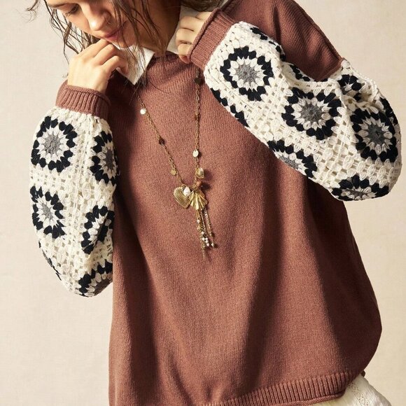 Brown Casual Women's Boho Crochet Patchwork Sweater top - Picture 2 of 8